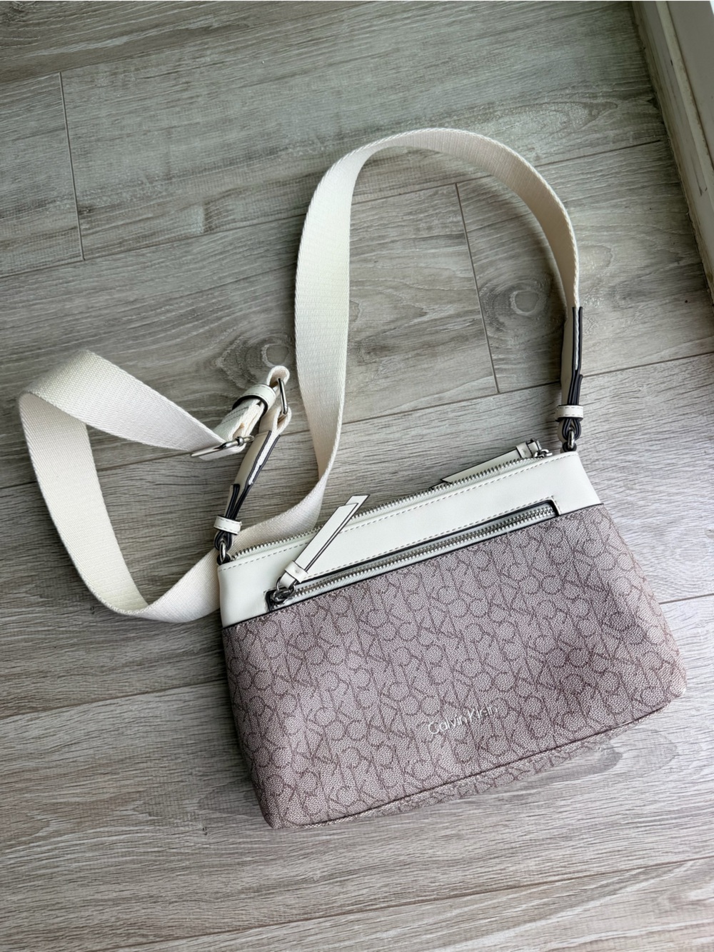 Calvin Klein Dusty Taupe Signature Crossbody with Cream Trim